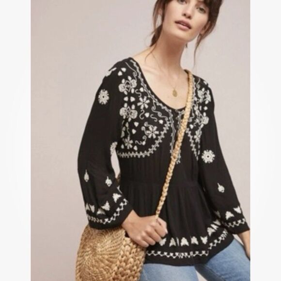Anthropologie Tops - Meadow Rue Anthropologie Embroidered Babydoll Top Small Black White Boho Peasant